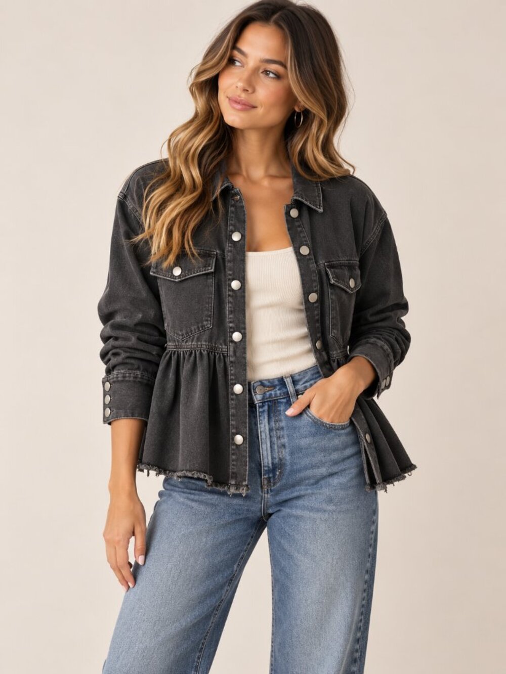 Versona Black Denim Peplum Jacket S Western Boho Raw Hem Utility Shacket